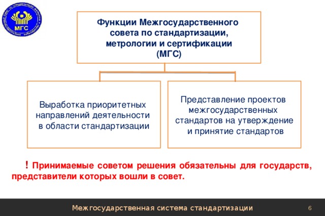 Функции Межгосударственного совета по стандартизации, метрологии и сертификации (МГС) Представление проектов Выработка приоритетных межгосударственных направлений деятельности в области стандартизации стандартов на утверждение  и принятие стандартов !  Принимаемые советом решения обязательны для государств, представители которых вошли в совет. Межгосударственная система стандартизации 