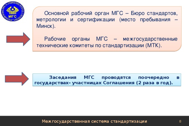 Основной рабочий орган МГС – Бюро стандартов, метрологии и сертификации (место пребывания – Минск). Рабочие органы МГС – межгосударственные технические комитеты по стандартизации (МТК).  Заседания МГС проводятся поочередно в государствах- участницах Соглашения (2 раза в год). Межгосударственная система стандартизации 
