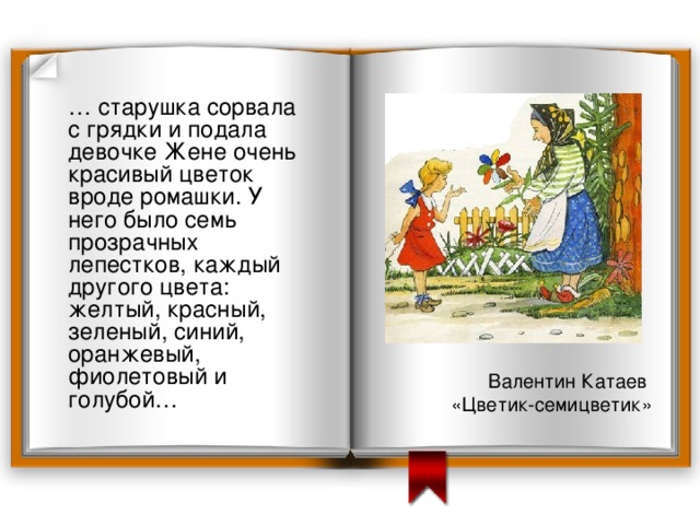  … старушка сорвала с грядки и подала девочке Жене очень красивый цветок вроде ромашки. У него было семь прозрачных лепестков, каждый другого цвета: желтый, красный, зеленый, синий, оранжевый, фиолетовый и голубой… Валентин Катаев «Цветик-семицветик» 