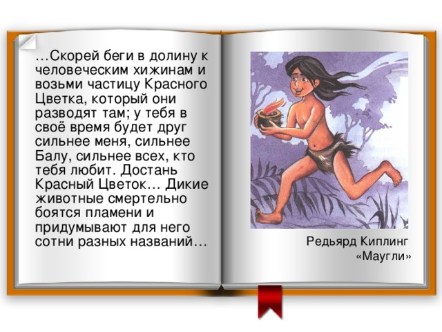  … Скорей беги в долину к человеческим хижинам и возьми частицу Красного Цветка, который они разводят там; у тебя в своё время будет друг сильнее меня, сильнее Балу, сильнее всех, кто тебя любит. Достань Красный Цветок… Дикие животные смертельно боятся пламени и придумывают для него сотни разных названий… Редьярд Киплинг «Маугли» 