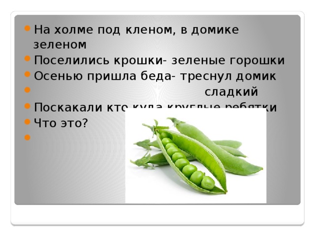 На холме под кленом, в домике зеленом Поселились крошки- зеленые горошки Осенью пришла беда- треснул домик  сладкий Поскакали кто куда круглые ребятки Что это? 