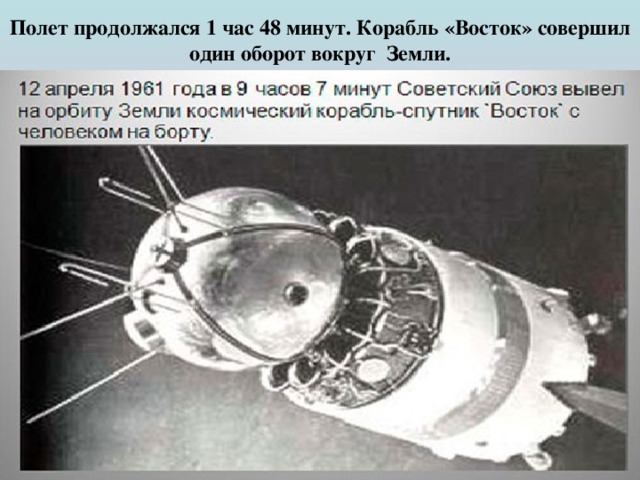 Полет продолжался 1 час 48 минут. Корабль «Восток» совершил один оборот вокруг  Земли. 