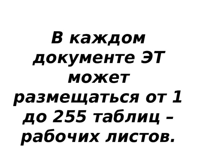 В каждом документе ЭТ может размещаться от 1 до 255 таблиц – рабочих листов.