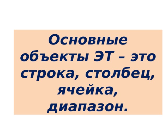 Основные объекты ЭТ – это строка, столбец, ячейка, диапазон.