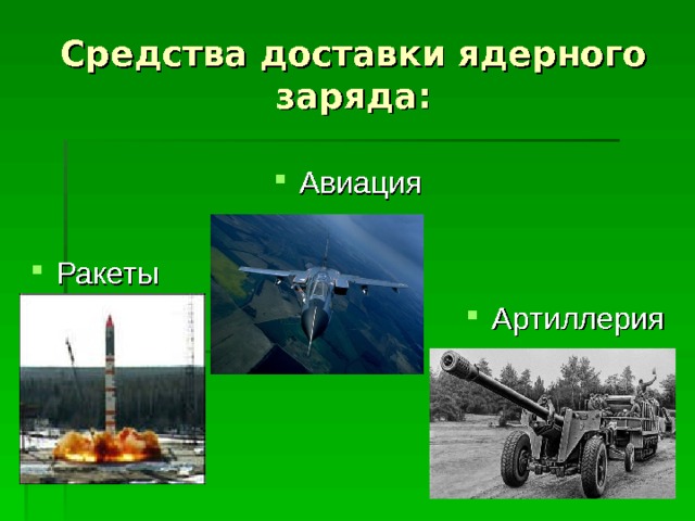 Средства доставки ядерного заряда: Авиация  Ракеты Артиллерия  