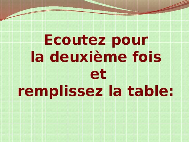 Ecoutez pour la deuxième fois et remplissez la table: