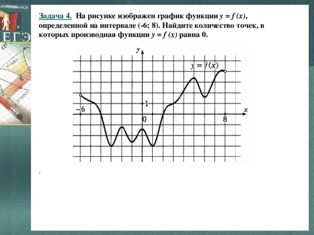 Задача 4. На рисунке изображен график функции y = f (x) , определенной на интервале (-6; 8). Найдите количество точек, в которых производная функции y = f (x) равна 0.  . 