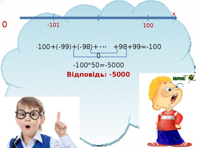  0 х -101 100 - 100+(-99)+(-98)+ +98+99=-100 0 -100*50=-5000 Відповідь: -5000 