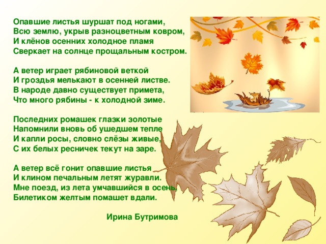 Опавшие листья шуршат под ногами,  Всю землю, укрыв разноцветным ковром,  И клёнов осенних холодное пламя  Сверкает на солнце прощальным костром.   А ветер играет рябиновой веткой  И гроздья мелькают в осенней листве.  В народе давно существует примета,  Что много рябины - к холодной зиме.   Последних ромашек глазки золотые  Напомнили вновь об ушедшем тепле  И капли росы, словно слёзы живые,  С их белых ресничек текут на заре.   А ветер всё гонит опавшие листья  И клином печальным летят журавли.  Мне поезд, из лета умчавшийся в осень,  Билетиком желтым помашет вдали.   Ирина Бутримова 