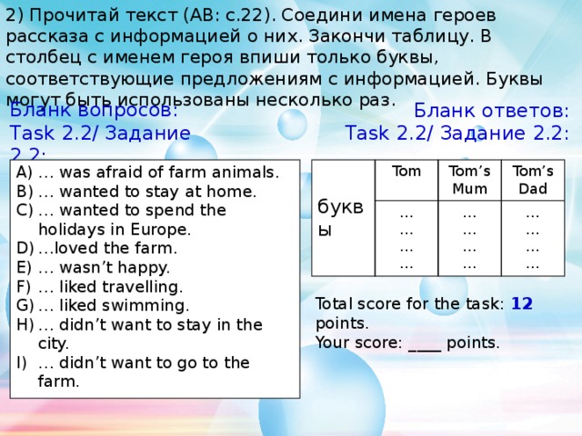 Listening / Аудирование. Что есть хорошего и плохого на пляжах Великобритании? Прослушай рассказы детей и соотнеси картинки с высказыва-ниями. Заполни таблицу. Впиши букву, соответствующую картинки в нужный столбик. Одна картинка лишняя. Бланк вопросов: Бланк ответов: Task 1/ Задание 1: Task 1/ Задание 1: Story Picture 1 2 3 4 Total score for the task: 5 points. Your score: ____ points. За каждый правильный пункт 1 балл, включая лишнее предложение. Пришлось аудирование брать из Test Yourself, так как в Assessment Tasks (скачала с Просвещения) аудио записано не до конца (может, мне «битый» файл достался.) и текста к аудио я нигде не нашла. Терпеть не могу Кузовлева (УМК)!  