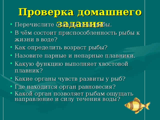 Проверка домашнего задания Перечислите отделы тела рыбы. В чём состоит приспособленность рыбы к жизни в воде? Как определить возраст рыбы? Назовите парные и непарные плавники. Какую функцию выполняет хвостовой плавник? Какие органы чувств развиты у рыб? Где находится орган равновесия? Какой орган позволяет рыбам ощущать направление и силу течения воды? 
