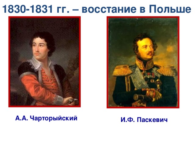 1830-1831 гг. – восстание в Польше А.А. Чарторыйский И.Ф. Паскевич 