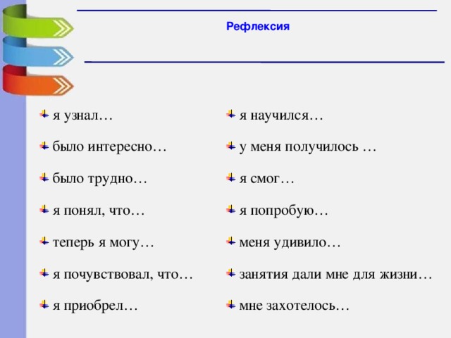 Рефлексия  я узнал…  было интересно…  было трудно…  я понял, что…  теперь я могу…  я почувствовал, что…  я приобрел…  я научился…  у меня получилось …  я смог…  я попробую…  меня удивило…  занятия дали мне для жизни…  мне захотелось… 