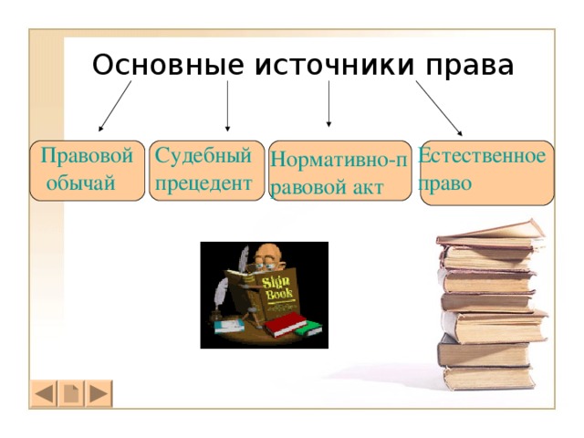 Основные источники права Естественное право Судебный прецедент Правовой обычай Нормативно-правовой акт 