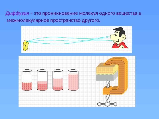 Диффузия – это проникновение молекул одного вещества в  межмолекулярное пространство другого. 