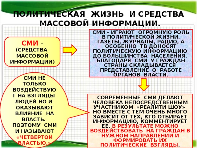 ПОЛИТИЧЕСКАЯ ЖИЗНЬ И СРЕДСТВА МАССОВОЙ ИНФОРМАЦИИ. СМИ – ИГРАЮТ ОГРОМНУЮ РОЛЬ В ПОЛИТИЧЕСКОЙ ЖИЗНИ. ГАЗЕТЫ, ЖУРНАЛЫ, РАДИО, А ОСОБЕННО ТВ ДОНОСЯТ ПОЛИТИЧЕСКУЮ ИНФОРМАЦИЮ ДО БОЛЬШИНСТВА НАСЕЛЕНИЯ. БЛАГОДАРЯ СМИ У ГРАЖДАН СТРАНЫ СКЛАДЫВАЕТСЯ ПРЕДСТАВЛЕНИЕ О РАБОТЕ ОРГАНОВ ВЛАСТИ. СМИ – (СРЕДСТВА МАССОВОЙ ИНФОРМАЦИИ) СМИ НЕ ТОЛЬКО ВОЗДЕЙСТВУЮТ НА ВЗГЛЯДЫ ЛЮДЕЙ НО И ОКАЗЫВАЮТ ВЛИЯНИЕ НА ВЛАСТЬ. ПОЭТОМУ СМИ И НАЗЫВАЮТ «ЧЕТВЕРТОЙ ВЛАСТЬЮ.» СОВРЕМЕННЫЕ СМИ ДЕЛАЮТ ЧЕЛОВЕКА НЕПОСРЕДСТВЕННЫМ УЧАСТНИКОМ «РЕАЛИТИ ШОУ» НО ВМЕСТЕ С ТЕМ ОЧЕНЬ МНОГО ЗАВИСИТ ОТ ТЕХ, КТО ОТБИРАЕТ ИНФОРМАЦИЮ, КОММЕНТИРУЕТ ЕЕ. В РЕЗУЛЬТАТЕ МОЖНО ВОЗДЕЙСТВОВАТЬ НА ГРАЖДАН В НУЖНОМ НАПРАВЛЕНИИ И ФОРМИРОВАТЬ ИХ ПОЛИТИЧЕСКИЕ ВЗГЛЯДЫ . 