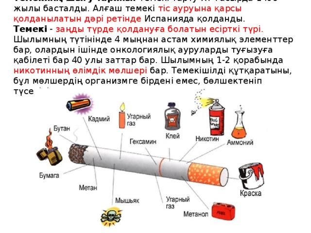 Темекінің шығу тарихы. Темекі тарту ХҮ ғасырда 1496 жылы басталды. Алғаш темекі тіс ауруына қарсы қолданылатын дәрі ретінде Испанияда қолданды. Темекі  - заңды түрде қолдануға болатын есірткі түрі. Шылымның түтінінде 4 мыңнан астам химиялық элементтер бар, олардын ішінде онкологиялық ауруларды туғызуға қабілеті бар 40 улы заттар бар. Шылымның 1-2 қорабында никотинның өлімдік мөлшері бар. Темекішілді құтқаратыны, бұл мөлшердің организмге бірдені емес, бөлшектеніп түсетіні. 