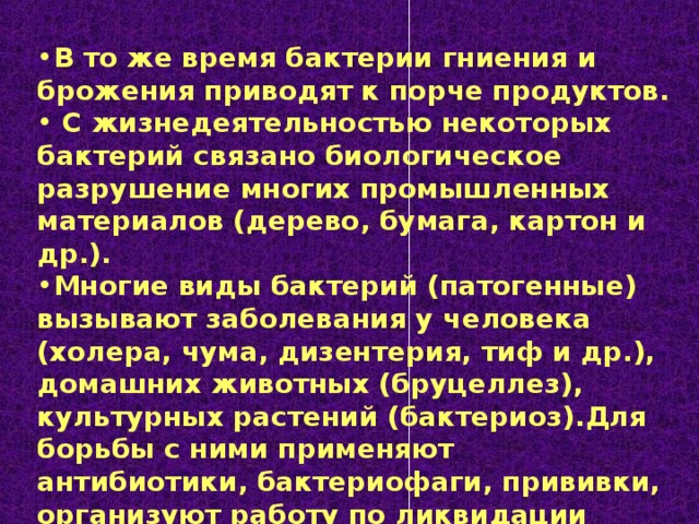 В то же время бактерии гниения и брожения приводят к порче продуктов.  С жизнедеятельностью некоторых бактерий связано биологическое разрушение многих промышленных материалов (дерево, бумага, картон и др.). Многие виды бактерий (патогенные) вызывают заболевания у человека (холера, чума, дизентерия, тиф и др.), домашних животных (бруцеллез), культурных растений (бактериоз).Для борьбы с ними применяют антибиотики, бактериофаги, прививки, организуют работу по ликвидации очагов заражения. Для профилактики заболеваний необходимо закаливать организм, соблюдать правила санитарии и гигиены. 