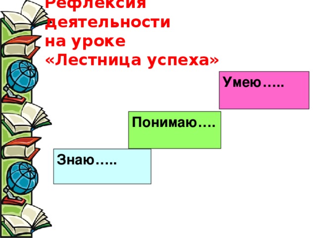 Рефлексия деятельности  на уроке  «Лестница успеха» Умею….. Понимаю…. Знаю….. 