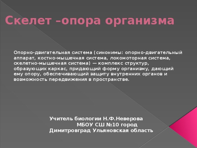 Скелет –опора организма   Опорно-двигательная система   (синонимы: опорно-двигательный аппарат, костно-мышечная система, локомоторная система, скелетно-мышечная система) — комплекс структур, образующих каркас, придающий форму организму, дающий ему опору, обеспечивающий защиту внутренних органов и возможность передвижения в пространстве. Учитель биологии Н.Ф.Неверова МБОУ СШ №10 город Димитровград Ульяновская область 