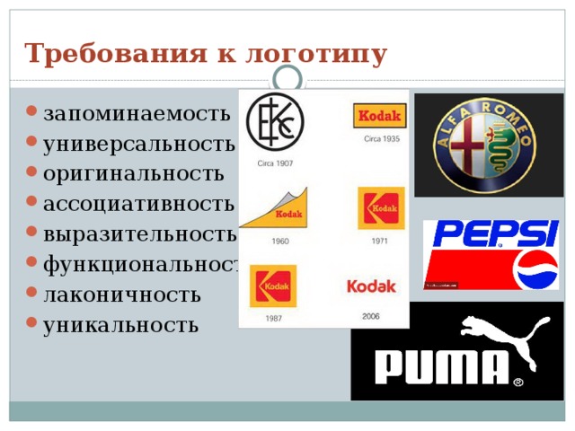 Требования к логотипу запоминаемость универсальность оригинальность ассоциативность выразительность функциональность лаконичность уникальность 