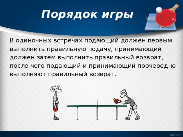  Порядок игры   В одиночных встречах подающий должен первым выполнить правильную подачу, принимающий должен затем выполнить правильный возврат, после чего подающий и принимающий поочередно выполняют правильный возврат. 