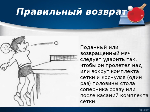  Правильный возврат   Поданный или возвращенный мяч следует ударить так, чтобы он пролетел над или вокруг комплекта сетки и коснулся (один раз) половины стола соперника сразу или после касаний комплекта сетки. 