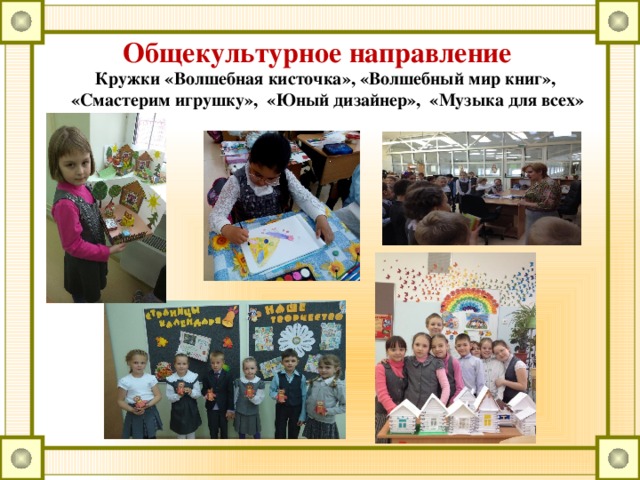    Общекультурное направление Кружки «Волшебная кисточка», «Волшебный мир книг», «Смастерим игрушку», «Юный дизайнер», «Музыка для всех»  