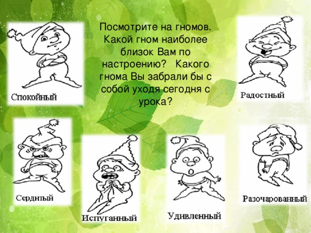 Посмотрите на гномов. Какой гном наиболее близок Вам по настроению? Какого гнома Вы забрали бы с собой уходя сегодня с урока? 