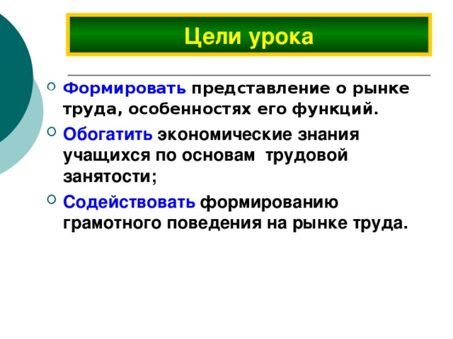 Цели урока Формировать  представление о рынке труда, особенностях его функций . Обогатить экономические знания учащихся по основам трудовой занятости; Содействовать формированию грамотного поведения на рынке труда.  