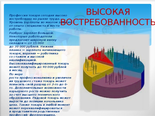 ВЫСОКАЯ ВОСТРЕБОВАННОСТЬ Профессия токаря сегодня высоко востребована на рынке труда. Уровень зарплаты во многом зависит от опыта специалиста и места работы. Разброс зарплат большой. Некоторые работодатели предлагают широкую вилку окладов — от 15 000 до 30 000 рублей. Нижняя планка — зарплата начинающего токаря, верхняя — работника со стажем и высокой квалификацией. Высококвалифицированный токарь может получать до 40 000 рублей в месяц. По мере роста профессионализма и увеличения трудового стажа токарь может повысить свой разряд от 2-го до 6-го. Дополнительные возможности карьерного роста можно получить за счет высшего технического образования. Рядовой токарь может вырасти до позиции начальника цеха. Также токарь в любой момент может переквалифицироваться в представителя родственных профессий: фрезеровщика, станочника или слесаря.  