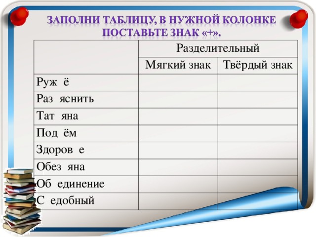   Разделительный Мягкий знак Руж ё Твёрдый знак   Раз яснить Тат яна     Под ём         Здоров е     Обез яна     Об единение     С едобный      