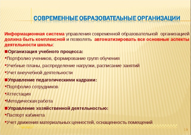 Информационная система управления современной образовательной организацией должна быть комплексной и позволять автоматизировать все основные аспекты деятельности школы :  Организация учебного процесса: Портфолио учеников, формирование групп обучения Учебные планы, распределение нагрузки, расписание занятий Учет внеучебной деятельности  Управление педагогическими кадрами: Портфолио сотрудников Аттестация Методическая работа  Управление хозяйственной деятельностью: Паспорт кабинета Учет движения материальных ценностей, оснащенность помещений  