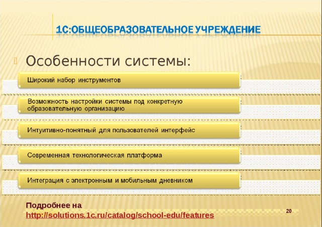 Особенности системы:  Подробнее на http://solutions.1c.ru/catalog/school-edu/features 20 