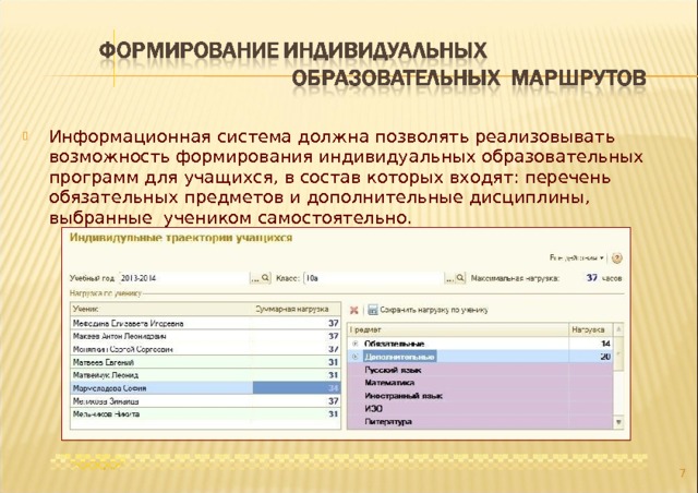 Информационная система должна позволять реализовывать возможность формирования индивидуальных образовательных программ для учащихся, в состав которых входят: перечень обязательных предметов и дополнительные дисциплины, выбранные учеником самостоятельно.  
