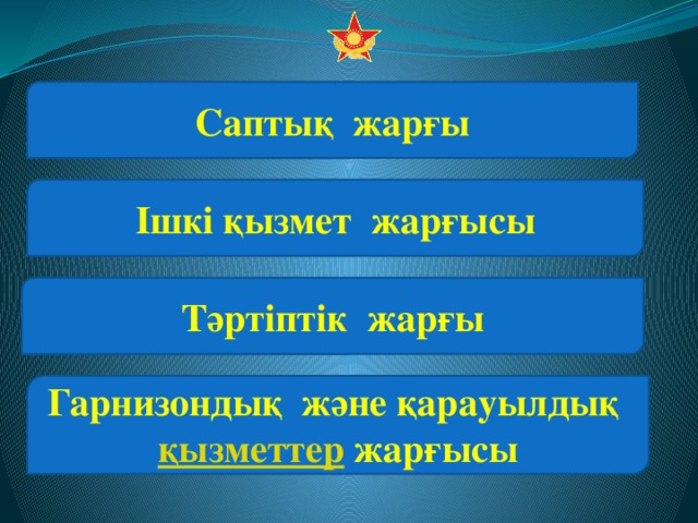 Саптық жарғы Ішкі қызмет жарғысы Тәртіптік жарғы Гарнизондық және қарауылдық қызметтер жарғысы 