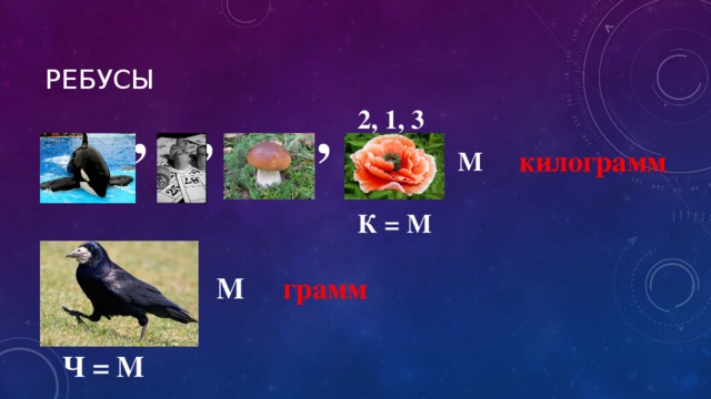 ребусы , , , , , 2, 1, 3 килограмм М К = М М грамм Ч = М 