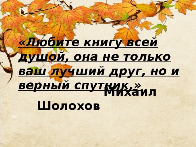«Любите книгу всей душой, она не только ваш лучший друг, но и верный спутник.»  Михаил Шолохов 
