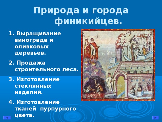 Природа и города финикийцев.  Выращивание винограда и оливковых деревьев.  Продажа строительного леса.  Изготовление стеклянных изделий.  Изготовление тканей пурпурного цвета.