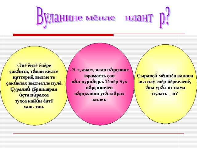 -Э–э, ачам, ялан в ả р ç нипе юрамасть ç ав в ả л пурн ả ç ра. Теп ĕ р чух в ả р ç нинчен в ả р ç манни ус ảллả рах килет. Ç ырав ç ả м ĕ нш ĕ н калава аса ил ÿ ев ĕ р й ĕ ркелен ĕ,  ả на ур ả х ят пама пулать – и ?  -Эп ĕ  ĕ нт ĕ  ĕ м ĕ ре ç ак ả нта, т ả ван килте ирттерн ĕ , вилме те ç ак ả нтах вилмелле пул ĕ . Ç уралн ả  ç ĕ ршывран ả ç та п ả рахса тухса кай ả н ĕ нт ĕ  халь тин.  
