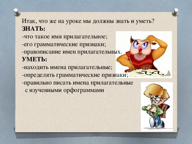 Итак, что же на уроке мы должны знать и уметь? ЗНАТЬ: -что такое имя прилагательное; -его грамматические признаки; -правописание имен прилагательных. УМЕТЬ:  -находить имена прилагательные; -определять грамматические признаки; -правильно писать имена прилагательные  с изученными орфограммами 