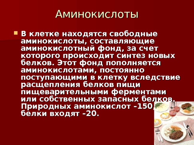 Аминокислоты В клетке находятся свободные аминокислоты, составляющие аминокислотный фонд, за счет которого происходит синтез новых белков. Этот фонд пополняется аминокислотами, постоянно поступающими в клетку вследствие расщепления белков пищи пищеварительными ферментами или собственных запасных белков. Природных аминокислот –150, в белки входят –20.  