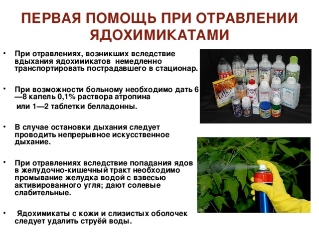 ПЕРВАЯ ПОМОЩЬ ПРИ ОТРАВЛЕНИИ ЯДОХИМИКАТАМИ При отравлениях, возникших вследствие вдыхания ядохимикатов немедленно транспортировать пострадавшего в стационар.  При возможности больному необходимо дать 6—8 капель 0,1% раствора атропина  или 1—2 таблетки белладонны.  В случае остановки дыхания следует проводить непрерывное искусственное дыхание.  При отравлениях вследствие попадания ядов в желудочно-кишечный тракт необходимо промывание желудка водой с взвесью активированного угля; дают солевые слабительные.   Ядохимикаты с кожи и слизистых оболочек следует удалить струёй воды. 