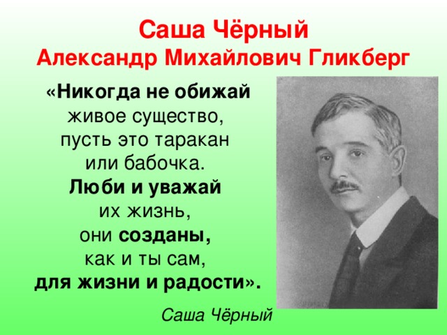 Саша Чёрный  Александр Михайлович Гликберг «Никогда не обижай живое существо, пусть это таракан или бабочка. Люби и уважай  их жизнь, они созданы,  как и ты сам, для жизни и радости». Саша Чёрный 