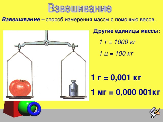 Взвешивание – способ измерения массы с помощью весов. Другие единицы массы:  1 т = 1000 кг  1 ц = 100 кг 1 г = 0,001 кг 1 мг = 0,000 001кг 