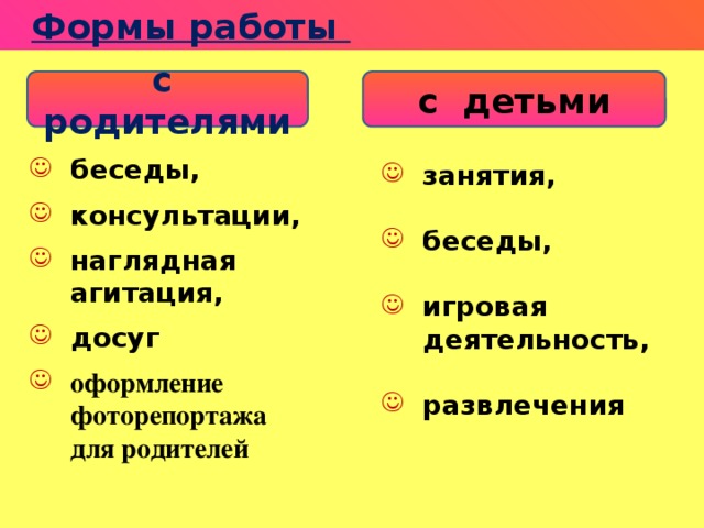  Формы работы с родителями с детьми беседы,  консультации,   наглядная агитация,   досуг   оформление фоторепортажа для родителей  занятия,  беседы,  игровая деятельность,  развлечения   