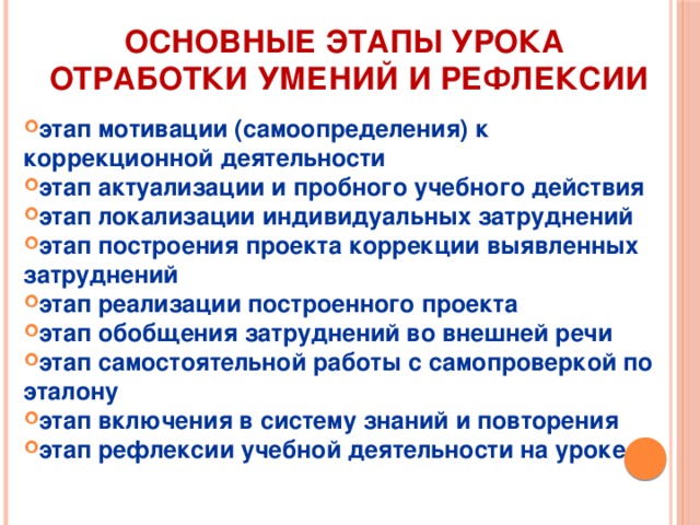    Основные этапы урока  отработки умений и рефлексии   этап мотивации (самоопределения) к коррекционной деятельности этап актуализации и пробного учебного действия этап локализации индивидуальных затруднений этап построения проекта коррекции выявленных затруднений этап реализации построенного проекта этап обобщения затруднений во внешней речи этап самостоятельной работы с самопроверкой по эталону этап включения в систему знаний и повторения этап рефлексии учебной деятельности на уроке 
