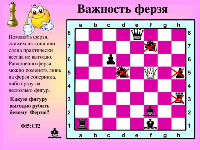 Важность ферзя Поменять ферзя, скажем на коня или слона практически всегда не выгодно. Равноценно ферзя можно поменять лишь на ферзя соперника, либо сразу на несколько фигур. Какую фигуру выгодно рубить белому Ферзю ? Ф f5:Cf2 