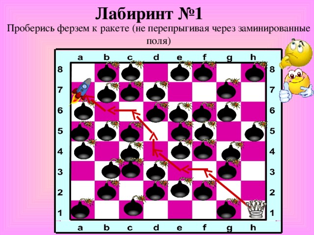 Лабиринт №1 Проберись ферзем к ракете (не перепрыгивая через заминированные поля) 