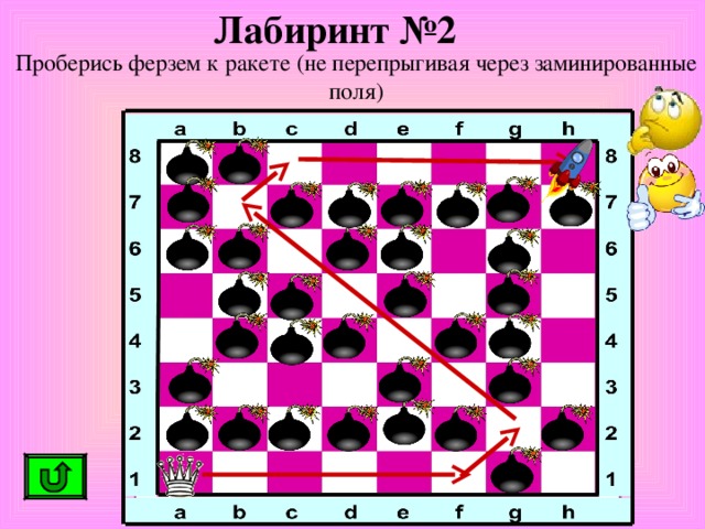 Лабиринт №2 Проберись ферзем к ракете (не перепрыгивая через заминированные поля) 